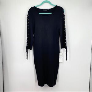 Nina Leonard Eyelet Ribbed Knit Bodycon Midi Lace-Up Long Sleeves Dress black